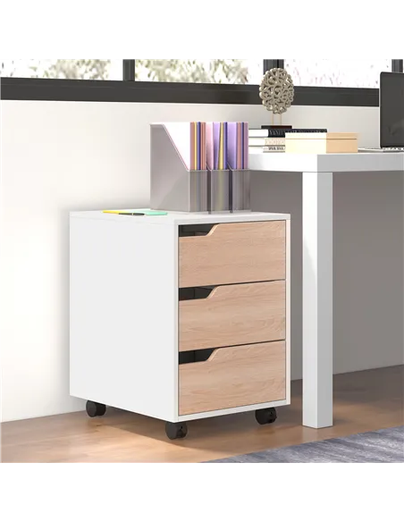 HOMCOM 3 Drawer Mobile File Cabinet, Vertical Filing Cabinet with Wheels for Home Office, Oak