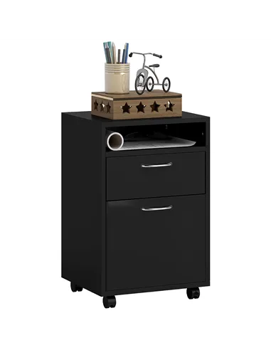 HOMCOM 60cm Filing Cabinet with Drawer, Open Shelf, Metal Handles and 4 Wheels, Office Home Organiser Mobile Printer, Black