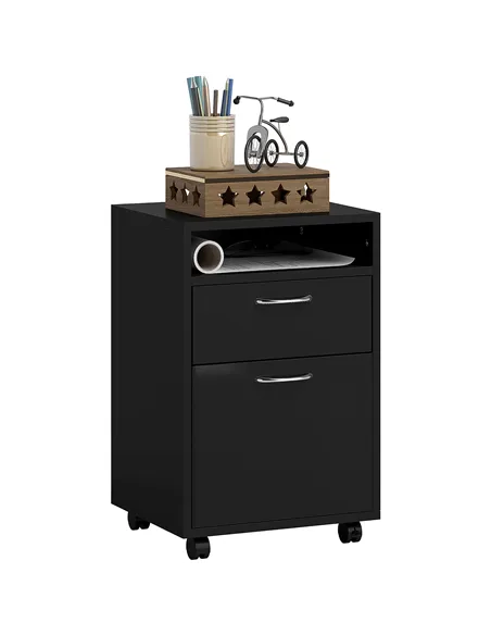 HOMCOM 60cm Filing Cabinet with Drawer, Open Shelf, Metal Handles and 4 Wheels, Office Home Organiser Mobile Printer, Black