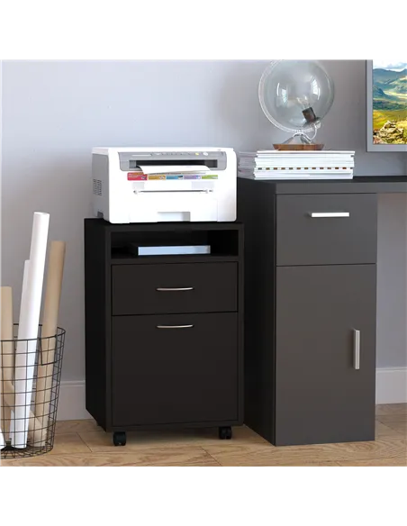HOMCOM 60cm Filing Cabinet with Drawer, Open Shelf, Metal Handles and 4 Wheels, Office Home Organiser Mobile Printer, Black