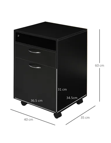 HOMCOM 60cm Filing Cabinet with Drawer, Open Shelf, Metal Handles and 4 Wheels, Office Home Organiser Mobile Printer, Black