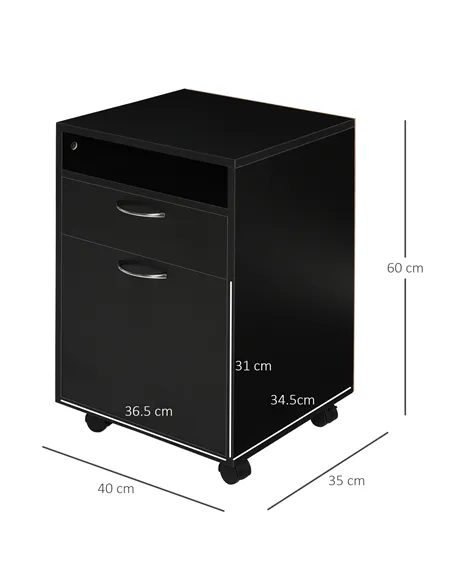 HOMCOM 60cm Filing Cabinet with Drawer, Open Shelf, Metal Handles and 4 Wheels, Office Home Organiser Mobile Printer, Black