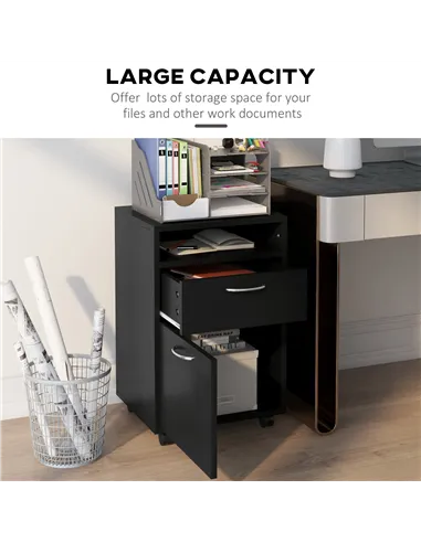 HOMCOM 60cm Filing Cabinet with Drawer, Open Shelf, Metal Handles and 4 Wheels, Office Home Organiser Mobile Printer, Black