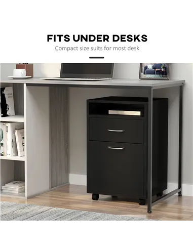 HOMCOM 60cm Filing Cabinet with Drawer, Open Shelf, Metal Handles and 4 Wheels, Office Home Organiser Mobile Printer, Black
