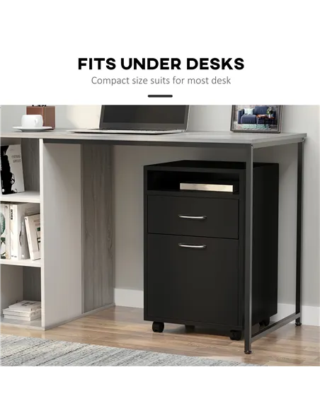 HOMCOM 60cm Filing Cabinet with Drawer, Open Shelf, Metal Handles and 4 Wheels, Office Home Organiser Mobile Printer, Black