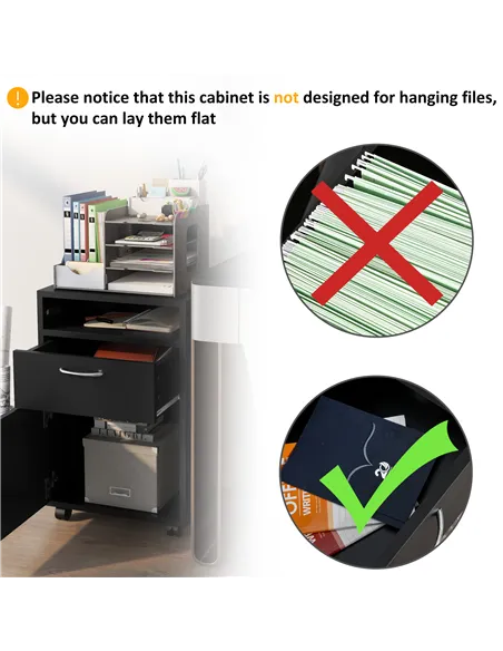 HOMCOM 60cm Filing Cabinet with Drawer, Open Shelf, Metal Handles and 4 Wheels, Office Home Organiser Mobile Printer, Black