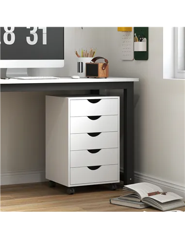 HOMCOM 5 Drawer Mobile Filing Cabinet, Vertical File Cabinet, Modern Rolling Office Storage Organizer Cupboard, White