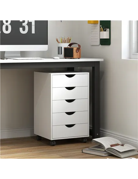 HOMCOM 5 Drawer Mobile Filing Cabinet, Vertical File Cabinet, Modern Rolling Office Storage Organizer Cupboard, White