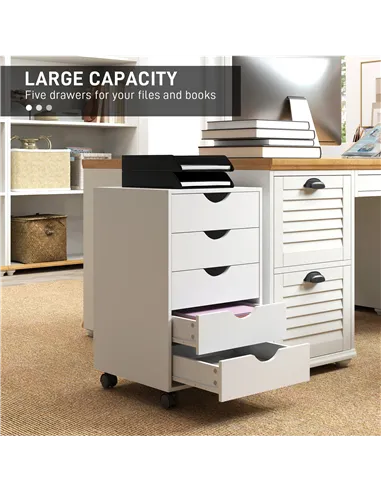 HOMCOM 5 Drawer Mobile Filing Cabinet, Vertical File Cabinet, Modern Rolling Office Storage Organizer Cupboard, White