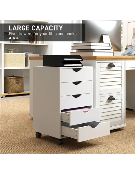 HOMCOM 5 Drawer Mobile Filing Cabinet, Vertical File Cabinet, Modern Rolling Office Storage Organizer Cupboard, White