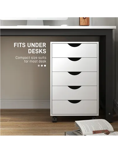 HOMCOM 5 Drawer Mobile Filing Cabinet, Vertical File Cabinet, Modern Rolling Office Storage Organizer Cupboard, White