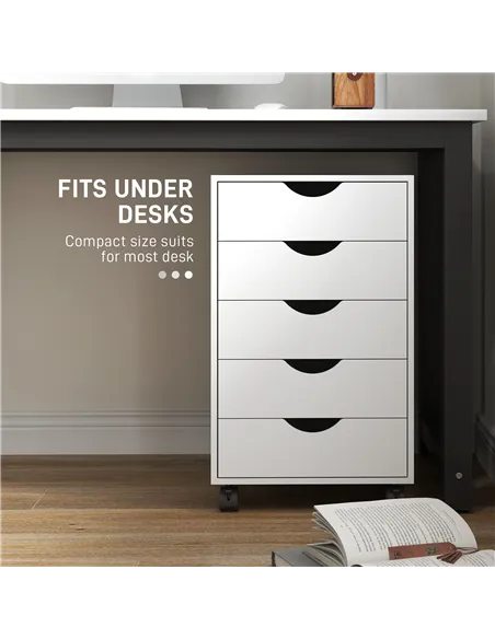 HOMCOM 5 Drawer Mobile Filing Cabinet, Vertical File Cabinet, Modern Rolling Office Storage Organizer Cupboard, White