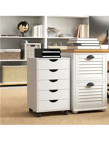 HOMCOM 5 Drawer Mobile Filing Cabinet, Vertical File Cabinet, Modern Rolling Office Storage Organizer Cupboard, White