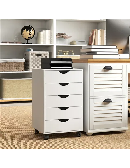 HOMCOM 5 Drawer Mobile Filing Cabinet, Vertical File Cabinet, Modern Rolling Office Storage Organizer Cupboard, White