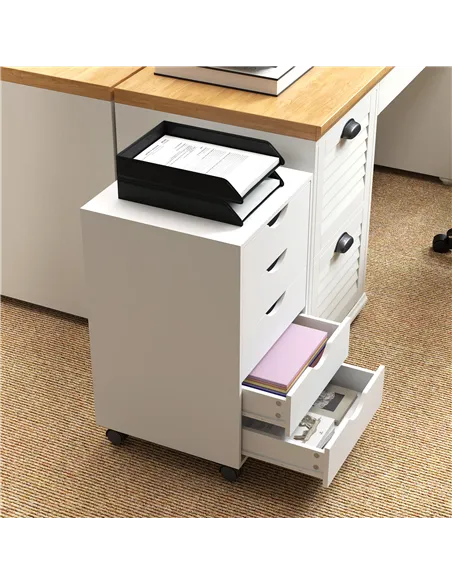 HOMCOM 5 Drawer Mobile Filing Cabinet, Vertical File Cabinet, Modern Rolling Office Storage Organizer Cupboard, White