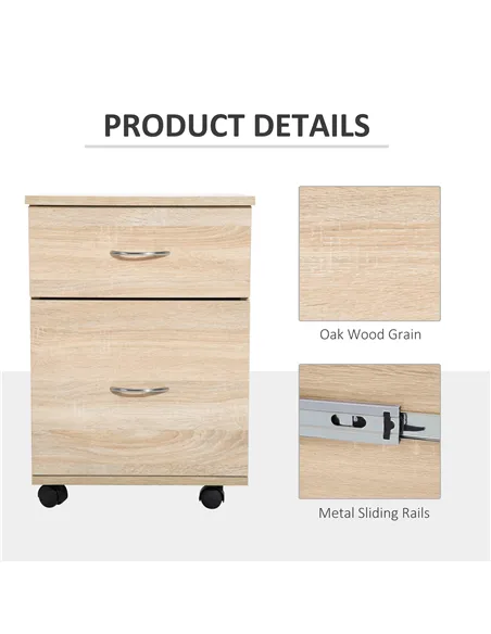 HOMCOM Two Drawer Filing Cabinet with Wheels- Oak