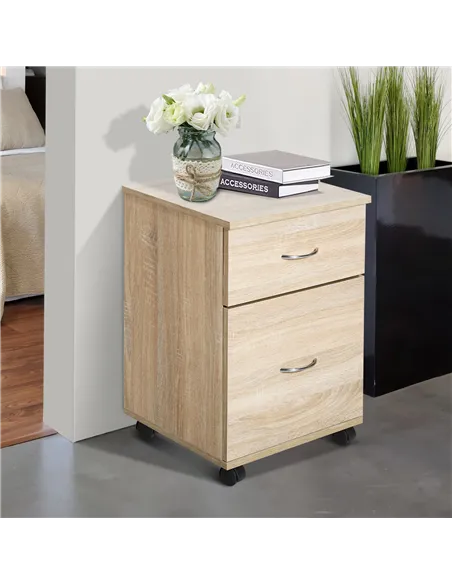 HOMCOM Two Drawer Filing Cabinet with Wheels- Oak
