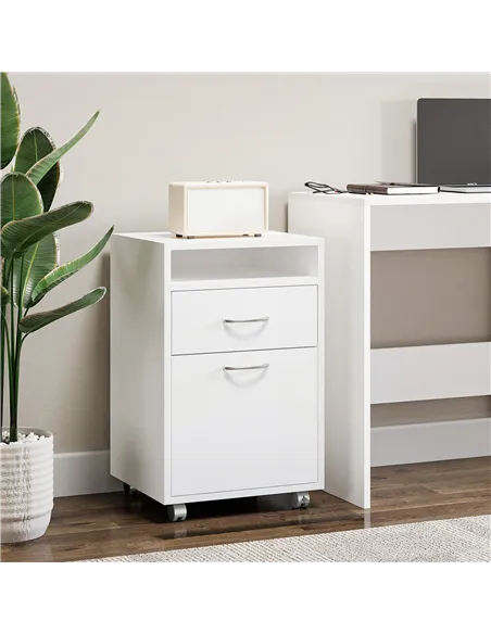 HOMCOM 60cm Filing Cabinet with Drawer, Open Shelf, Metal Handles and 4 Wheels, Office Home Organiser Mobile Printer, White