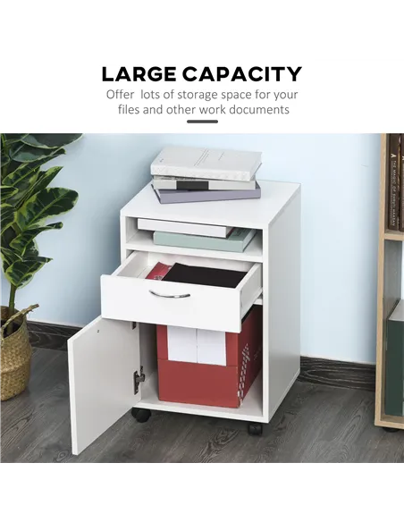 HOMCOM 60cm Filing Cabinet with Drawer, Open Shelf, Metal Handles and 4 Wheels, Office Home Organiser Mobile Printer, White