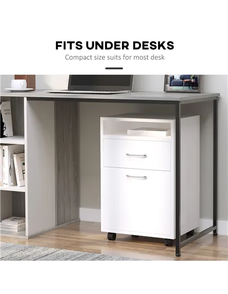 HOMCOM 60cm Filing Cabinet with Drawer, Open Shelf, Metal Handles and 4 Wheels, Office Home Organiser Mobile Printer, White