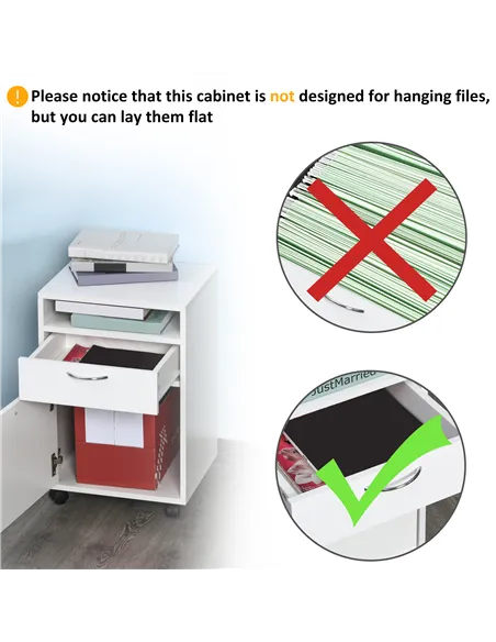 HOMCOM 60cm Filing Cabinet with Drawer, Open Shelf, Metal Handles and 4 Wheels, Office Home Organiser Mobile Printer, White