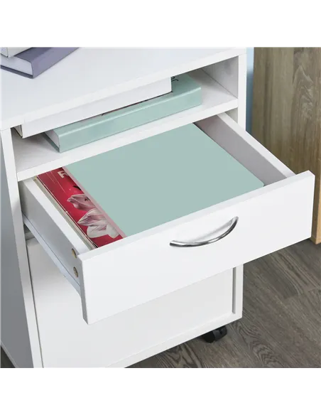 HOMCOM 60cm Filing Cabinet with Drawer, Open Shelf, Metal Handles and 4 Wheels, Office Home Organiser Mobile Printer, White