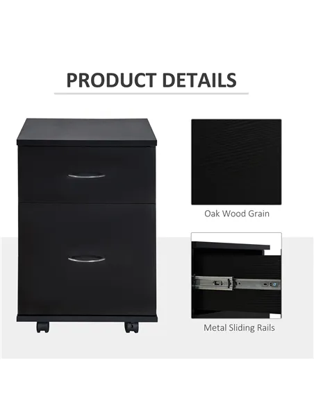 HOMCOM Two Drawer Filing Cabinet with Wheels- Black Wood Grain