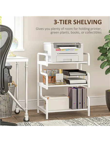 HOMCOM 3-Tier Printer Stand with Storage Shelves, Printer Table, 55 x 40 x 77cm Printer Shelf for Home Office, Study, White
