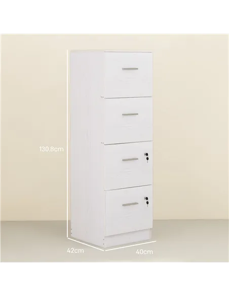 HOMCOM Four-Drawer Lockable Filing Cabinet - White Wood Effect