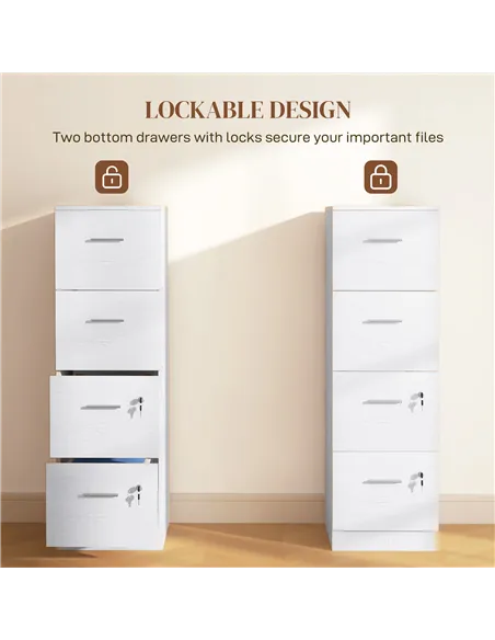 HOMCOM Four-Drawer Lockable Filing Cabinet - White Wood Effect