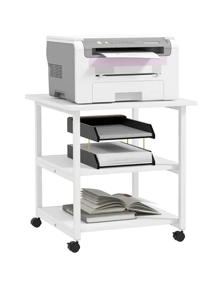 HOMCOM Three-Tier Steel Printer Stand, with Wheels - White