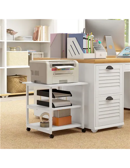 HOMCOM Three-Tier Steel Printer Stand, with Wheels - White