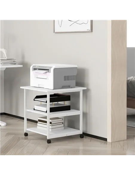 HOMCOM Three-Tier Steel Printer Stand, with Wheels - White