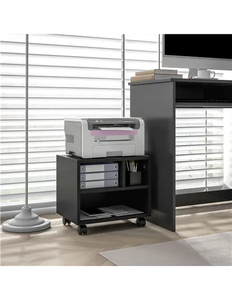 HOMCOM Three-Compartment Printer Cabinet, with Wheels - Black