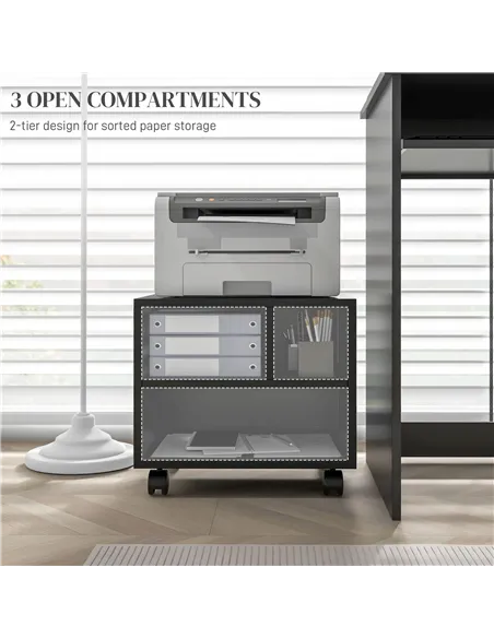 HOMCOM Three-Compartment Printer Cabinet, with Wheels - Black
