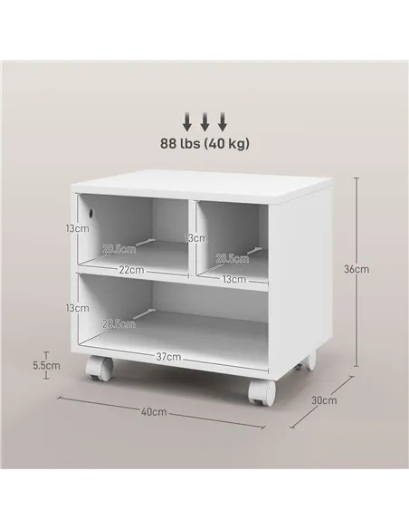 HOMCOM Three-Compartment Printer Cabinet, with Wheels - White