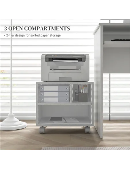 HOMCOM Three-Compartment Printer Cabinet, with Wheels - White