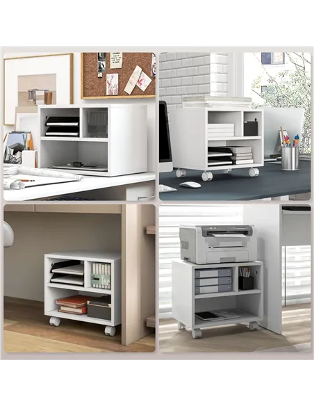 HOMCOM Three-Compartment Printer Cabinet, with Wheels - White