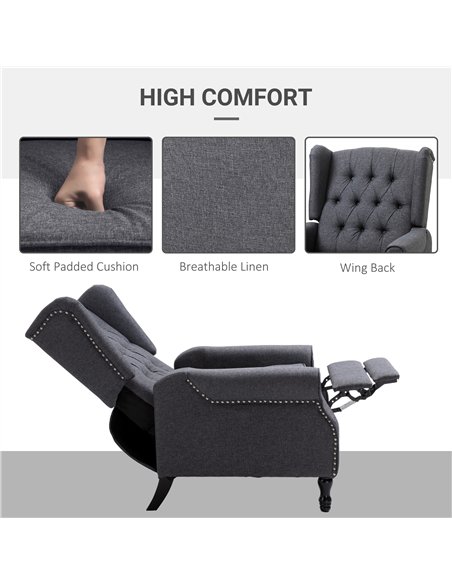 HOMCOM Recliner Armchair, Vintage Reclining Chair with Nail Head Trim, Wingback Chair with Button Tufted Back and Footrest, for 