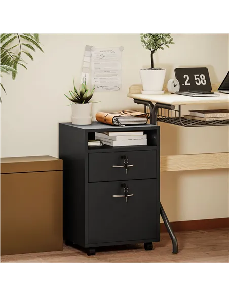 HOMCOM 60cm Filing Cabinet with Drawer, Open Shelf, Metal Handles and 4 Wheels, Office Home Organiser Mobile Printer with Two Lo