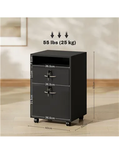 HOMCOM 60cm Filing Cabinet with Drawer, Open Shelf, Metal Handles and 4 Wheels, Office Home Organiser Mobile Printer with Two Lo