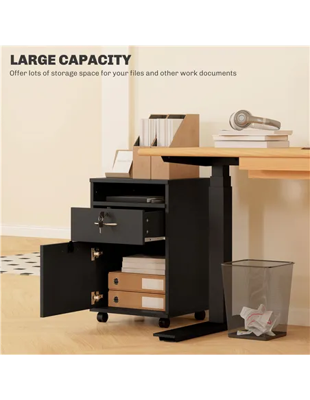 HOMCOM 60cm Filing Cabinet with Drawer, Open Shelf, Metal Handles and 4 Wheels, Office Home Organiser Mobile Printer with Two Lo