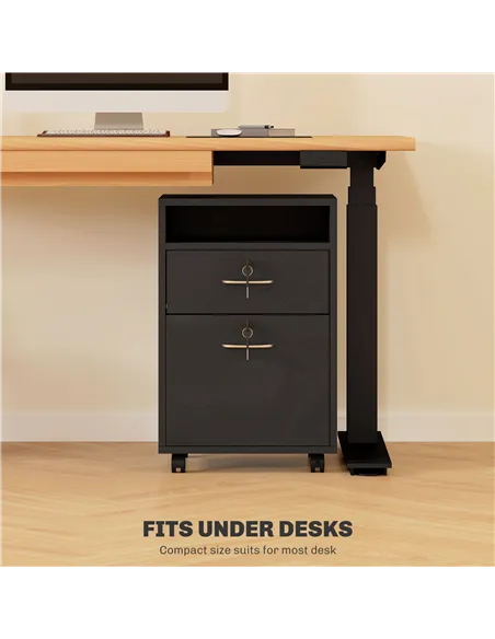 HOMCOM 60cm Filing Cabinet with Drawer, Open Shelf, Metal Handles and 4 Wheels, Office Home Organiser Mobile Printer with Two Lo