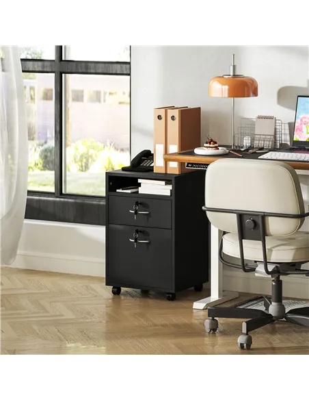 HOMCOM 60cm Filing Cabinet with Drawer, Open Shelf, Metal Handles and 4 Wheels, Office Home Organiser Mobile Printer with Two Lo