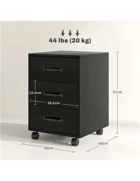 HOMCOM 3 Drawer File Cabinet, Mobile Filing Cabinet on Wheels for Home Office, Study, Black