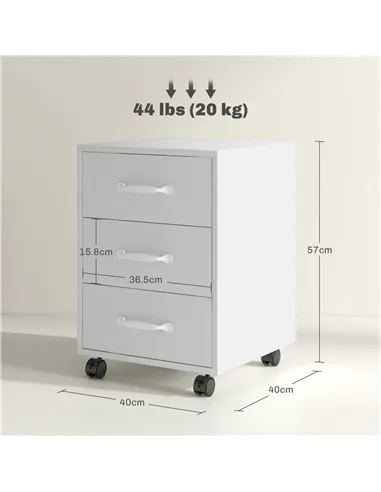 HOMCOM 3 Drawer File Cabinet, Mobile Filing Cabinet on Wheels for Home Office, Study, White