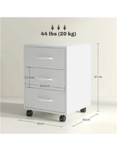HOMCOM 3 Drawer File Cabinet, Mobile Filing Cabinet on Wheels for Home Office, Study, White
