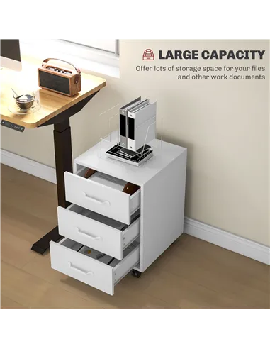 HOMCOM 3 Drawer File Cabinet, Mobile Filing Cabinet on Wheels for Home Office, Study, White