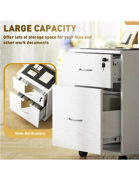 HOMCOM Two Drawer Lockable Filing Cabinet - White Wood Grain