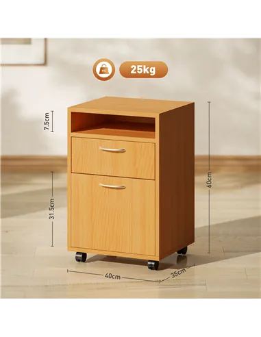 HOMCOM 60cm Filing Cabinet with Drawer, Open Shelf, Metal Handles and 4 Wheels, Office Home Organiser Mobile Printer, Natural Wo